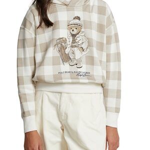 Polo Ralph Lauren big girls plaid polo bear fleece hoodie, size XL